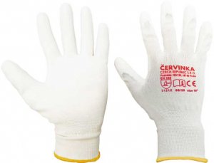 Pracovné a ochranné rukavice Červinka balenie 10 párov - biele, polyester máčaný v polyuretánu