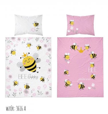 Doppelseitige Bienenbettwäsche aus Baumwolle - weiß-rosa